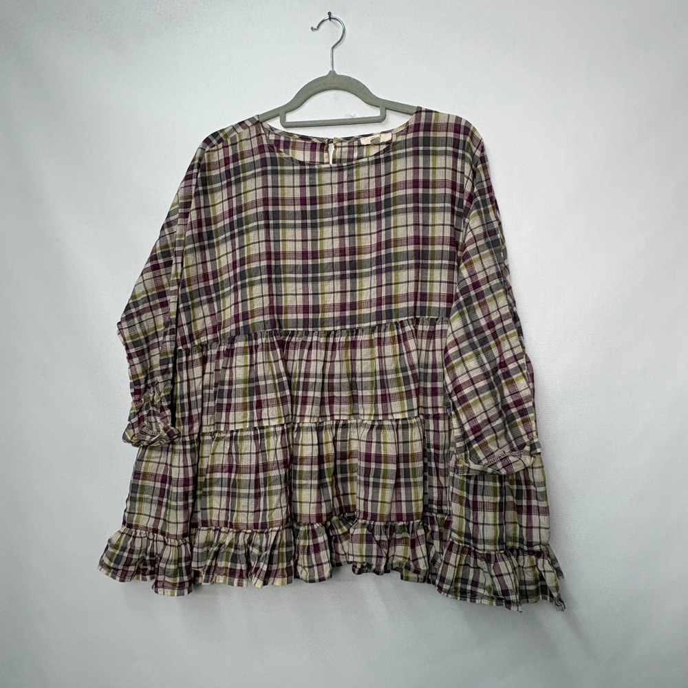 Easel Plaid Tiered Ruffle Tunic Top Purple Green Cotton Oversized ET20783 Large